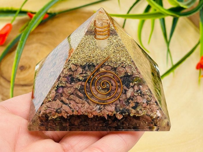 Rhodonite Orgone Pyramid with Reiki Sign & Clear Quartz Point | Rhodonite Orgonite Pyramid | Reiki Chakra Pyramid | 3 inch