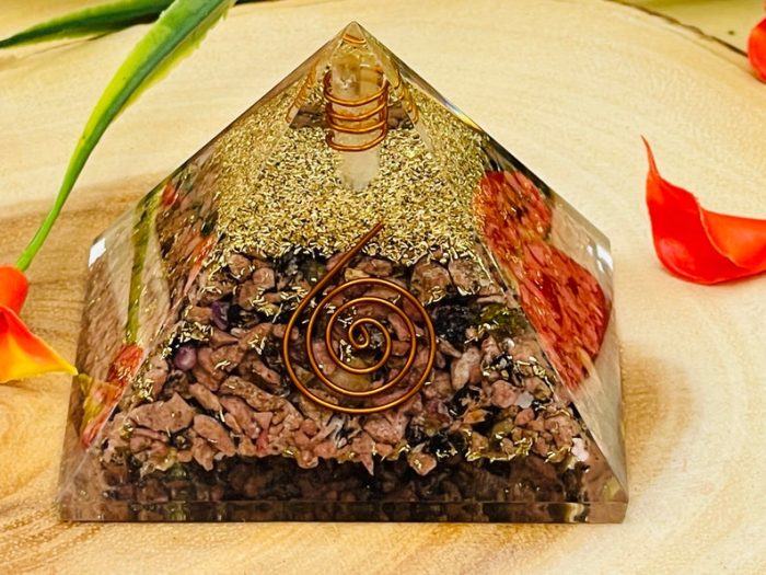 Rhodonite Orgone Pyramid with Reiki Sign & Clear Quartz Point | Rhodonite Orgonite Pyramid | Reiki Chakra Pyramid | 3 inch