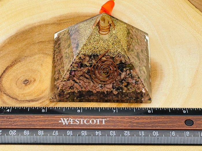 Rhodonite Orgone Pyramid with Reiki Sign & Clear Quartz Point | Rhodonite Orgonite Pyramid | Reiki Chakra Pyramid | 3 inch