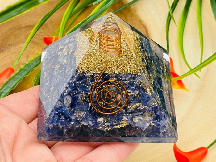 Sodalite Orgone Pyramid with Reiki Sign & Clear Quartz Point | Sodalite Orgonite Pyramid | Reiki Chakra Pyramid | 3 inch