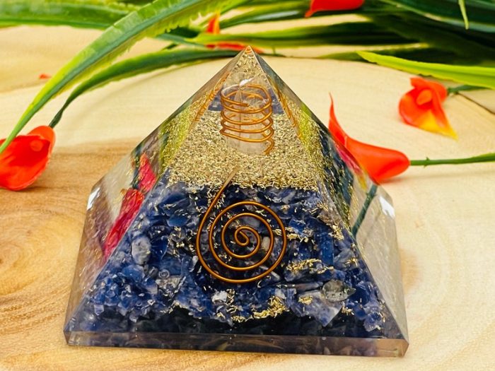 Sodalite Orgone Pyramid with Reiki Sign & Clear Quartz Point | Sodalite Orgonite Pyramid | Reiki Chakra Pyramid | 3 inch