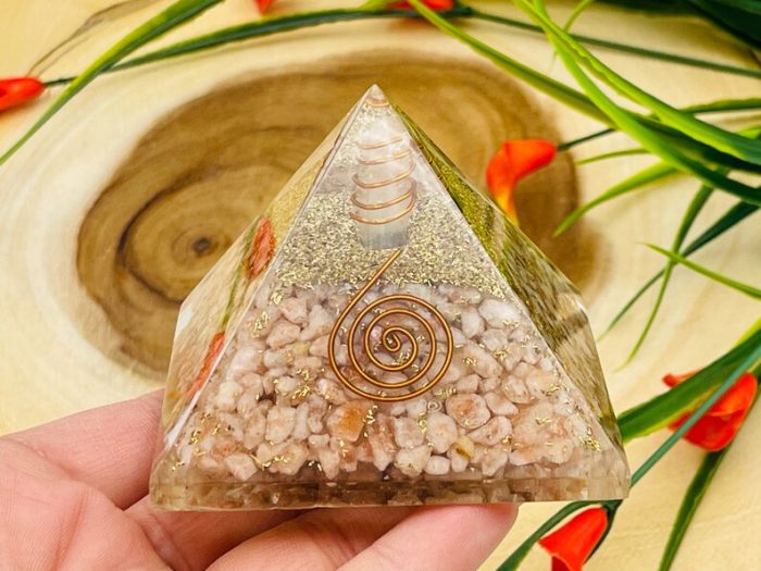 Sunstone Orgone Pyramid with Reiki Sign & Clear Quartz Point | Sunstone Orgonite Pyramid | Reiki Chakra Pyramid | 3 inch