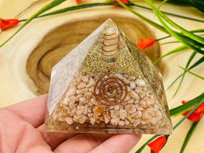 Sunstone Orgone Pyramid with Reiki Sign & Clear Quartz Point | Sunstone Orgonite Pyramid | Reiki Chakra Pyramid | 3 inch