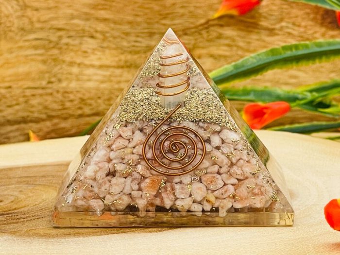 Sunstone Orgone Pyramid with Reiki Sign & Clear Quartz Point | Sunstone Orgonite Pyramid | Reiki Chakra Pyramid | 3 inch