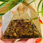 Tiger Eye Orgone Pyramid with Reiki Sign & Clear Quartz Point | Tiger Eye Orgonite Pyramid | Reiki Chakra Pyramid | 3 inch