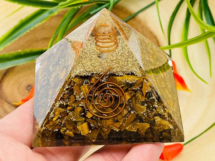 Tiger Eye Orgone Pyramid with Reiki Sign & Clear Quartz Point | Tiger Eye Orgonite Pyramid | Reiki Chakra Pyramid | 3 inch