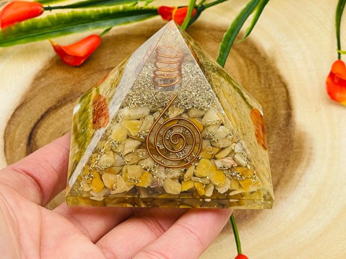 Yellow Aventurine Orgone Pyramid with Reiki Sign & Clear Quartz Point | Yellow Aventurine Orgonite Pyramid | Reiki Chakra Pyramid | 3 inch