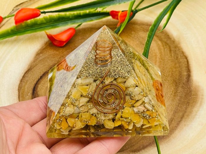 Yellow Aventurine Orgone Pyramid with Reiki Sign & Clear Quartz Point | Yellow Aventurine Orgonite Pyramid | Reiki Chakra Pyramid | 3 inch