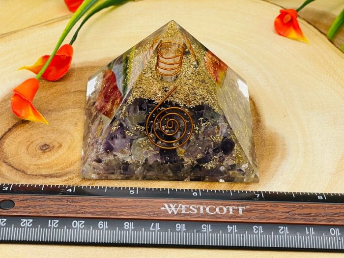 Amethyst Orgone Pyramid With Reiki Sign & Clear Quartz Point | Amethyst Orgonite Pyramid | Reiki Chakra Pyramid | 3 inch