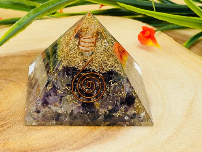 Amethyst Orgone Pyramid With Reiki Sign & Clear Quartz Point | Amethyst Orgonite Pyramid | Reiki Chakra Pyramid | 3 inch