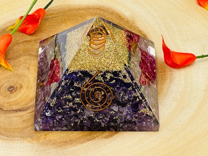 Fluorite Orgone Pyramid with Reiki Sign & Clear Quartz Point | Fluorite Orgonite Pyramid | Reiki Chakra Pyramid | 3 inch