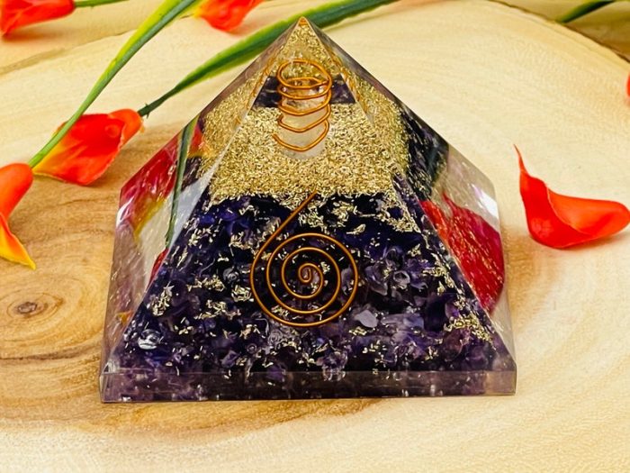 Fluorite Orgone Pyramid with Reiki Sign & Clear Quartz Point | Fluorite Orgonite Pyramid | Reiki Chakra Pyramid | 3 inch