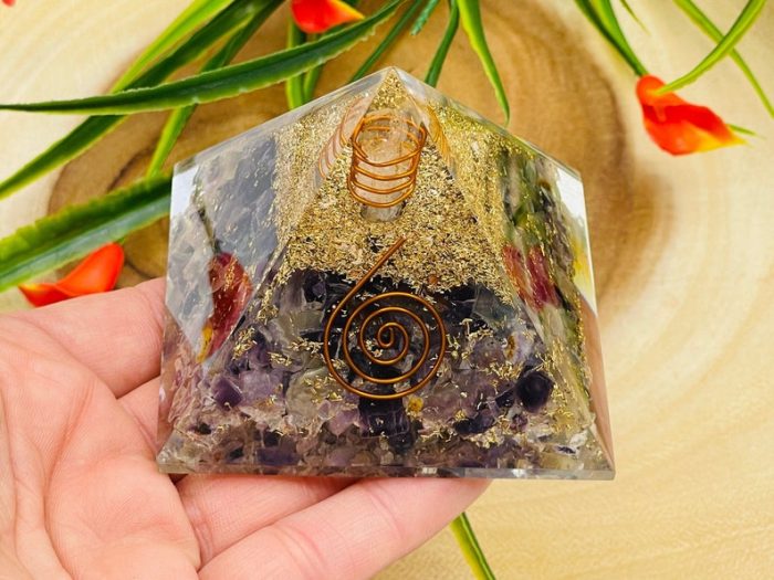 Amethyst Orgone Pyramid With Reiki Sign & Clear Quartz Point | Amethyst Orgonite Pyramid | Reiki Chakra Pyramid | 3 inch