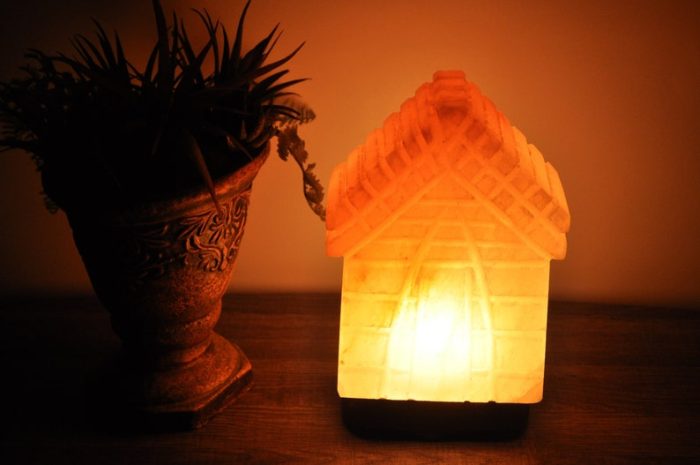 Natural Himalayan Pink Salt House Shape Lamp, Authentic, Dimmer Switch, Wood Base, Night Light, Home Decor, 8" Height