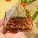 Carnelian Orgone Pyramid with Reiki Sign & Clear Quartz Point | Carnelian Orgonite Pyramid | Reiki Chakra Pyramid | 3 inch
