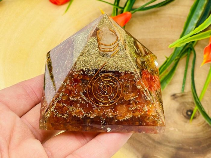 Carnelian Orgone Pyramid with Reiki Sign & Clear Quartz Point | Carnelian Orgonite Pyramid | Reiki Chakra Pyramid | 3 inch