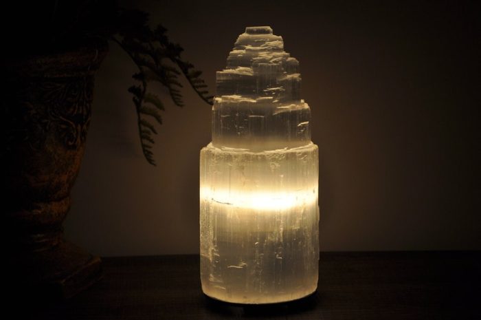 Selenite Crystal Lamp, Tower Skyscraper Lamp, Handmade, Dimmer Switch, Calming & Soothing Environment, an Extra Bulb, 20 cm (8 inch)