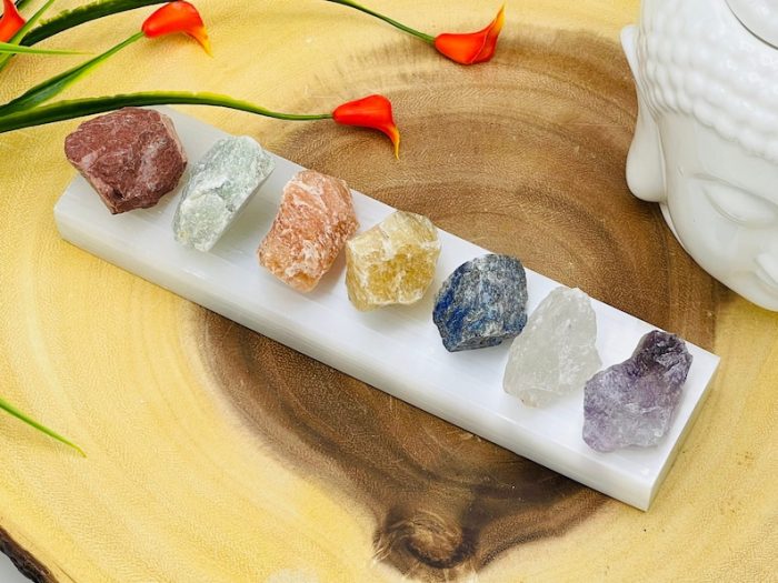 7 Chakra Stones Chunks Set with Selenite Charging Plate & Velvet Pouch | Raw Chakra Stones | Chakra Healing Crystals | Reiki