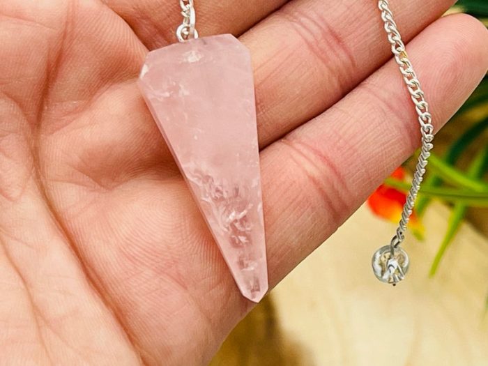 Rose Quartz Crystal Pendulum With Silver Plated Chain | Rose Quartz Point Pendulum | Healing Dowsing Energy Balancing | Faceted