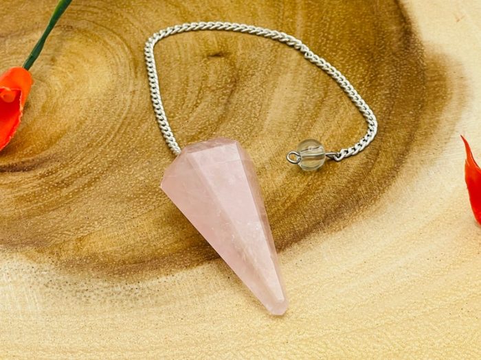 Rose Quartz Crystal Pendulum With Silver Plated Chain | Rose Quartz Point Pendulum | Healing Dowsing Energy Balancing | Faceted