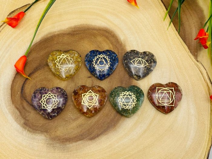 7 Chakra Orgone Smooth Heart Stone Set With Engraved Chakra Symbols | Chakra Healing Palm Crystal | Reiki Chakra | Chakra Pocket Stones