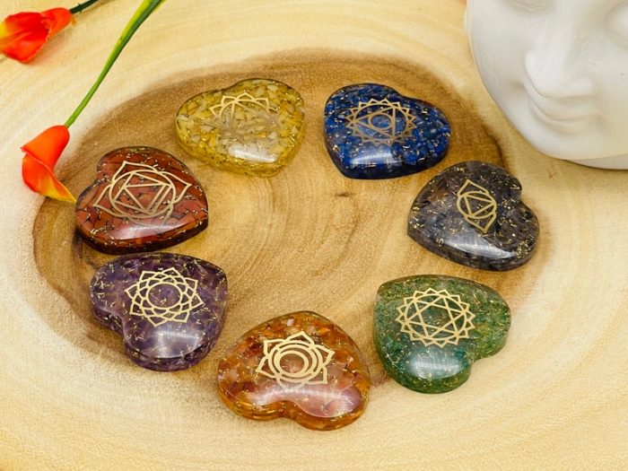 7 Chakra Orgone Smooth Heart Stone Set With Engraved Chakra Symbols | Chakra Healing Palm Crystal | Reiki Chakra | Chakra Pocket Stones