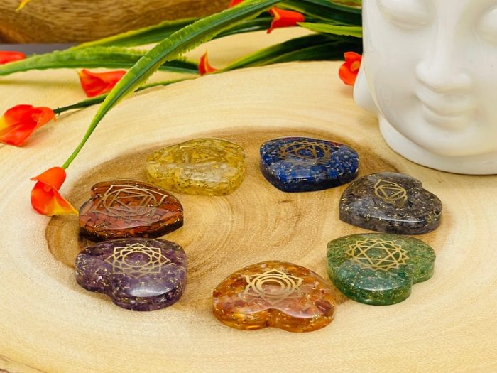 7 Chakra Orgone Smooth Heart Stone Set With Engraved Chakra Symbols | Chakra Healing Palm Crystal | Reiki Chakra | Chakra Pocket Stones