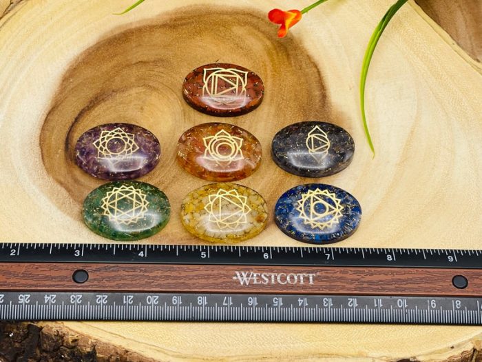 7 Chakra Oval Orgone Smooth Stone Set With Engraved Chakra Symbols | Chakra Healing Palm Crystal | Reiki Chakra | Chakra Pocket Stones