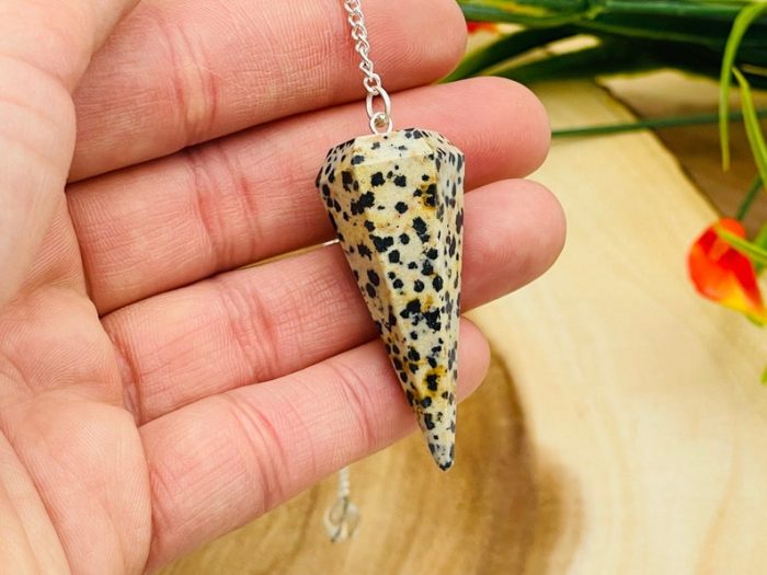 Dalmatian Jasper Pendulum With Silver Plated Chain | Dalmatian Jasper Point Pendulum | Healing Dowsing Energy Balancing | Faceted