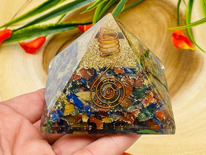 7 Chakra Mix Chip Orgone Pyramid With Reiki Symbol of Spiral & Clear Quartz Point | Chakra Healing Reiki Crystal | Orgonite Pyramid | 3"