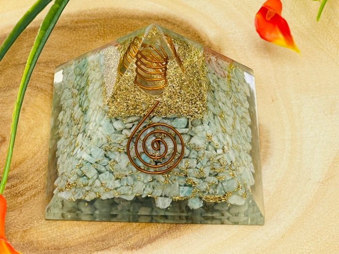 Amazonite Orgone Pyramid with Reiki Sign & Clear Quartz Point | Amazonite Orgonite Pyramid | Reiki Chakra Pyramid | 3 inch