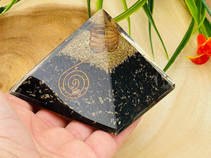 Black Tourmaline Orgone Pyramid with Reiki Sign & Clear Quartz Point | Black Tourmaline Orgonite Pyramid | Reiki Chakra Pyramid | 3 inch