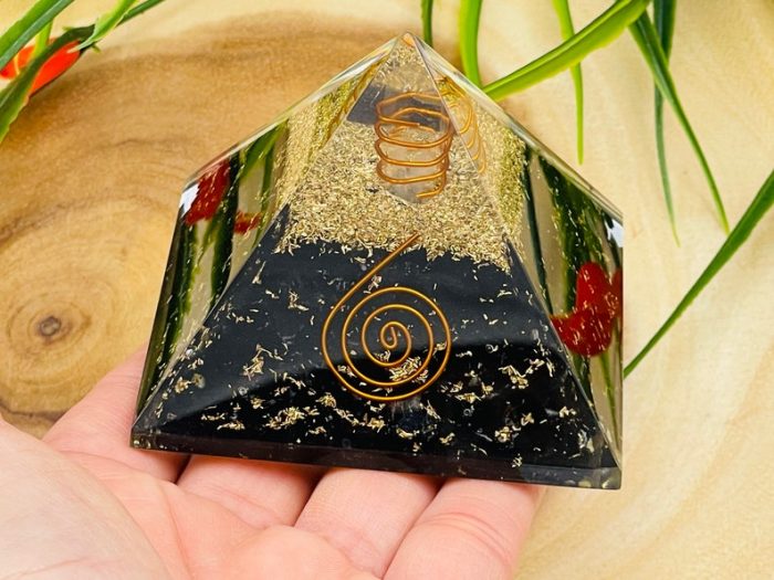 Black Tourmaline Orgone Pyramid with Reiki Sign & Clear Quartz Point | Black Tourmaline Orgonite Pyramid | Reiki Chakra Pyramid | 3 inch