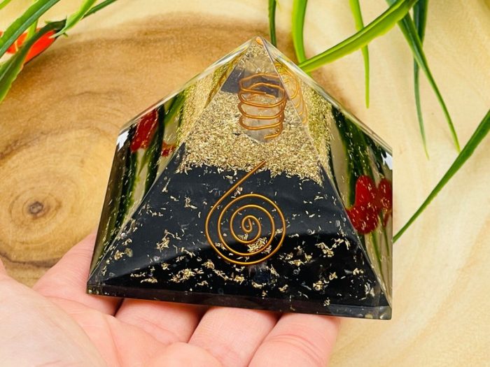 Black Tourmaline Orgone Pyramid with Reiki Sign & Clear Quartz Point | Black Tourmaline Orgonite Pyramid | Reiki Chakra Pyramid | 3 inch