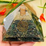 Bloodstone Orgone Pyramid with Reiki Sign & Clear Quartz Point | Bloodstone Orgonite Pyramid | Reiki Chakra Pyramid | 3 inch