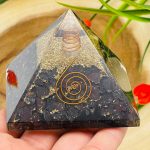 Hematite Orgone Pyramid with Reiki Sign & Clear Quartz Point | Hematite Orgonite Pyramid | Reiki Chakra Pyramid | 3 inch