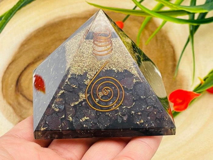 Hematite Orgone Pyramid with Reiki Sign & Clear Quartz Point | Hematite Orgonite Pyramid | Reiki Chakra Pyramid | 3 inch