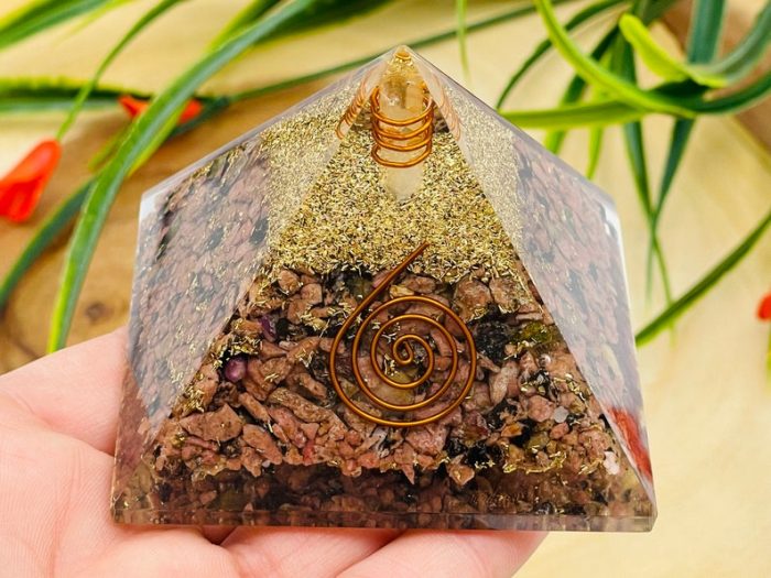 Rhodonite Orgone Pyramid with Reiki Sign & Clear Quartz Point | Rhodonite Orgonite Pyramid | Reiki Chakra Pyramid | 3 inch