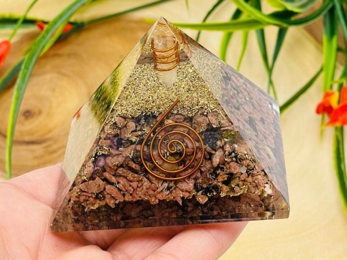 Rhodonite Orgone Pyramid with Reiki Sign & Clear Quartz Point | Rhodonite Orgonite Pyramid | Reiki Chakra Pyramid | 3 inch