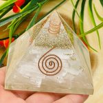 Selenite Orgone Pyramid with Reiki Sign & Clear Quartz Point | Selenite Orgonite Pyramid | Reiki Chakra Pyramid | 3 inch