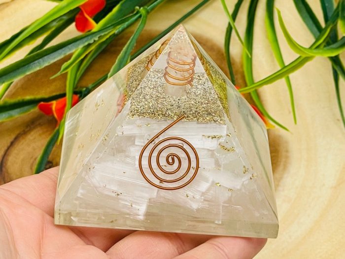 Selenite Orgone Pyramid with Reiki Sign & Clear Quartz Point | Selenite Orgonite Pyramid | Reiki Chakra Pyramid | 3 inch