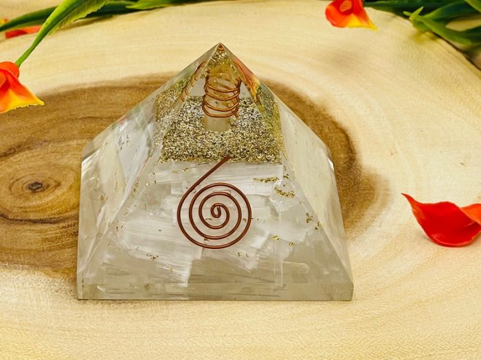 Selenite Orgone Pyramid with Reiki Sign & Clear Quartz Point | Selenite Orgonite Pyramid | Reiki Chakra Pyramid | 3 inch