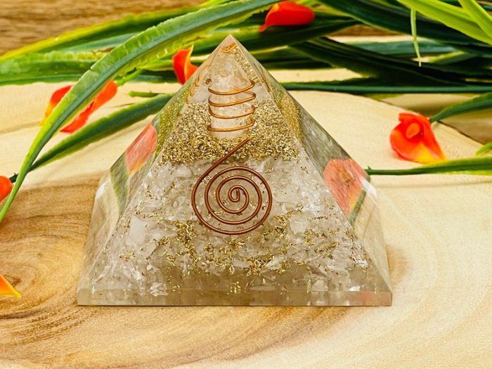 Clear Quartz Orgone Pyramid with Reiki Sign & Clear Quartz Point | Clear Quartz Orgonite Pyramid | Reiki Chakra Pyramid | 3 inch