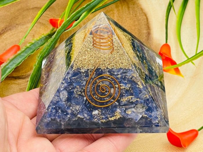 Sodalite Orgone Pyramid with Reiki Sign & Clear Quartz Point | Sodalite Orgonite Pyramid | Reiki Chakra Pyramid | 3 inch