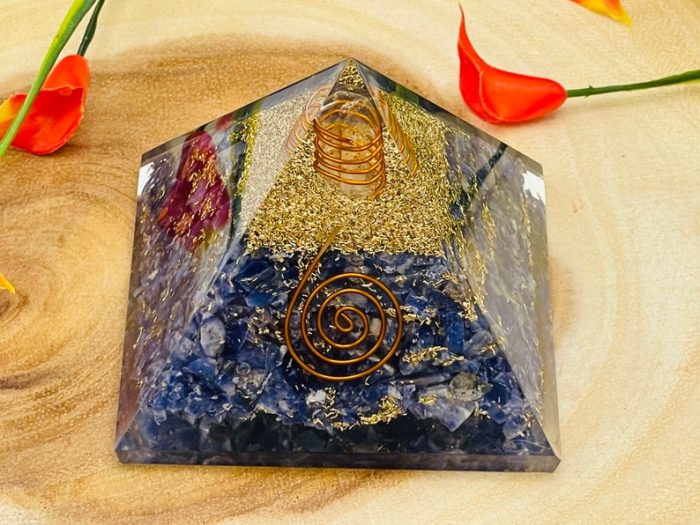 Sodalite Orgone Pyramid with Reiki Sign & Clear Quartz Point | Sodalite Orgonite Pyramid | Reiki Chakra Pyramid | 3 inch