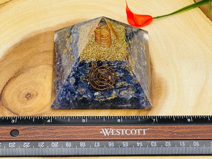 Sodalite Orgone Pyramid with Reiki Sign & Clear Quartz Point | Sodalite Orgonite Pyramid | Reiki Chakra Pyramid | 3 inch