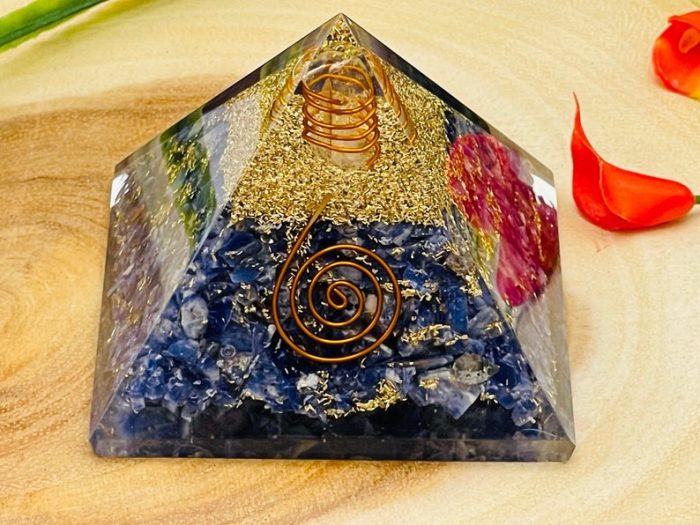 Sodalite Orgone Pyramid with Reiki Sign & Clear Quartz Point | Sodalite Orgonite Pyramid | Reiki Chakra Pyramid | 3 inch