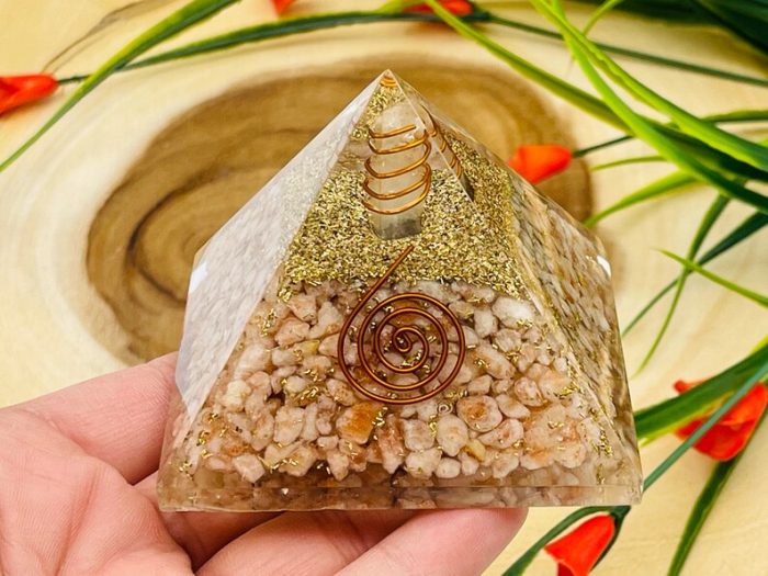 Sunstone Orgone Pyramid with Reiki Sign & Clear Quartz Point | Sunstone Orgonite Pyramid | Reiki Chakra Pyramid | 3 inch