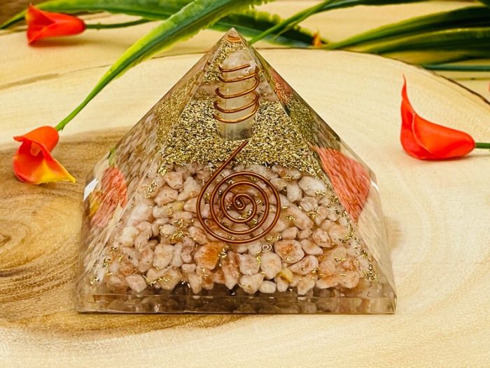 Sunstone Orgone Pyramid with Reiki Sign & Clear Quartz Point | Sunstone Orgonite Pyramid | Reiki Chakra Pyramid | 3 inch