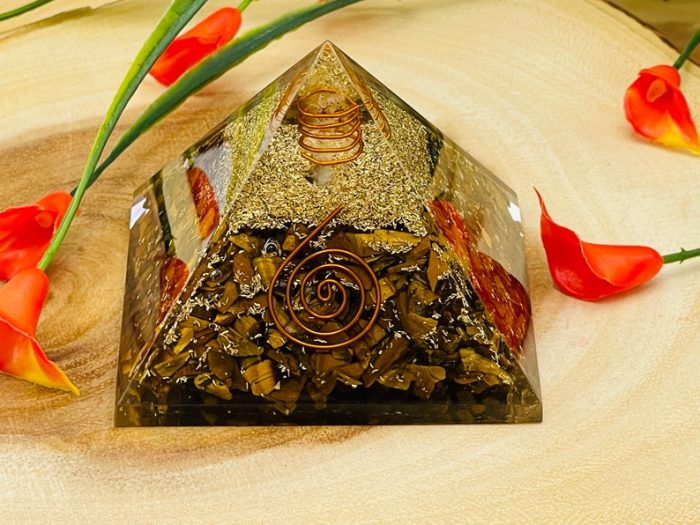 Tiger Eye Orgone Pyramid with Reiki Sign & Clear Quartz Point | Tiger Eye Orgonite Pyramid | Reiki Chakra Pyramid | 3 inch